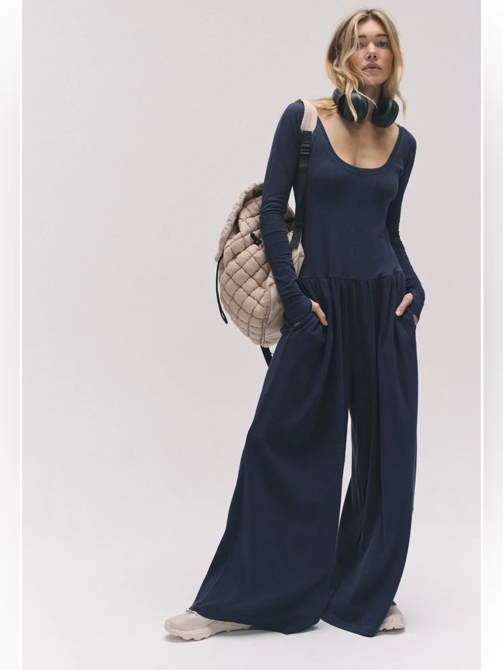 FP Movement hot shot wide-leg long sleeve onesie jumpsuit midnight navy blue